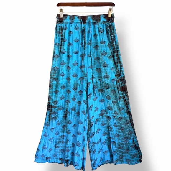 Earthbound bohemian wide leg pants, highwaisted elastic waist, turquoise blue, S - Picture 2 of 13